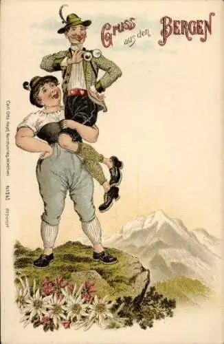 Litho Berge, Gebirge, Paar in bayerischen Trachten