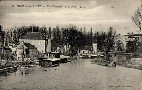 Ak Moret sur Loing Seine et Marne, Vue d'ensemble sur le Port