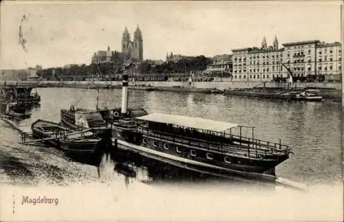 Ak Magdeburg an der Elbe, Bootsanleger, Dampfer, Dom