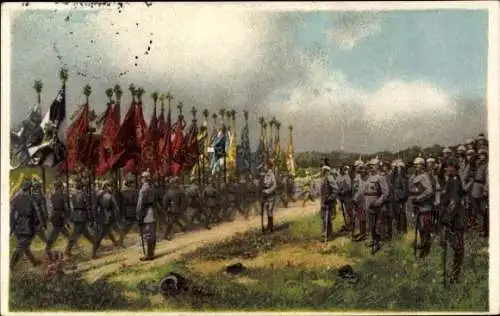 Künstler Ak Schöbel, Kronprinz Wilhelm von Preussen nimmt Fahnenparade in den Argonnen ab