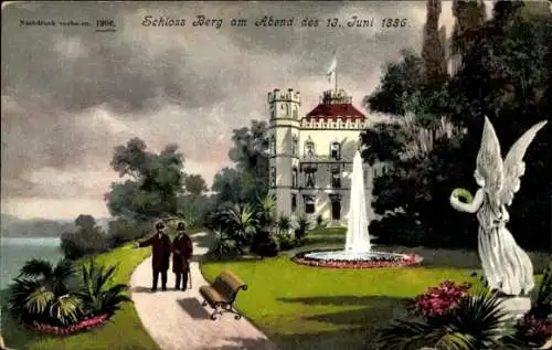 Ak Berg am Starnberger See Oberbayern, Schloss Berg am Abend des 13. Juni 1886, Springbrunnen