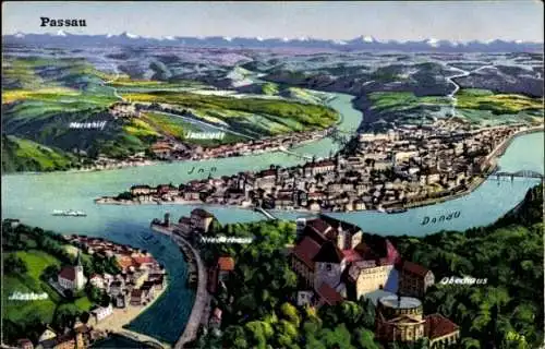 Ak Passau in Niederbayern, Blick auf  Inn und Donau