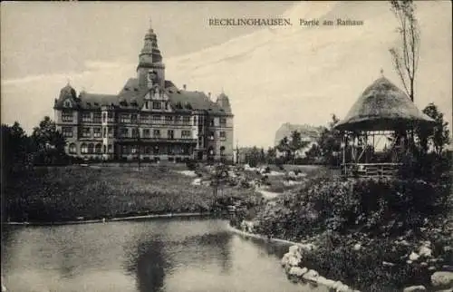 Ak Recklinghausen im Ruhrgebiet, am Rathaus, Teich, Parkanlage, Pavillon