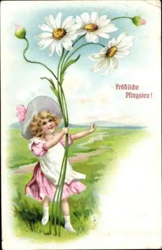 Präge Ak Kleines Mädchen mit Margeriten, Feldblumen, Kitsch