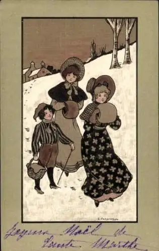 Künstler Litho Parkinson, Ethel, Frauen und Junge, Winterlandschaft