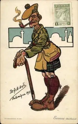 Künstler Ak Ecosse Schottland, Salonique 1917, Schottischer Soldat, Pfeife