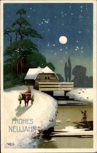 Präge Litho Glückwunsch Neujahr, Winterlandschaft, Floß, Fuhrwerk