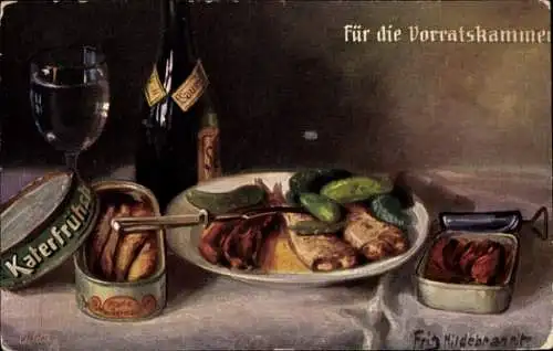 Künstler Ak Hildebrandt, F., Für die Vorratskammer, Essen, Fischdosen