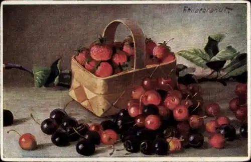 Künstler Ak Hildebrandt, Fritz, Deutsches Obst, Kirschen, Erdbeeren, Früchtestillleben, Primus 524