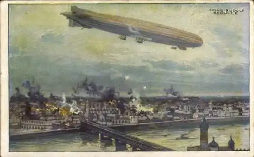 Künstler Ak Schulze, Hans Rudolf, Zeppelin, Luftschiff Schütte Lanz, Warschau bombardierend, I. WK