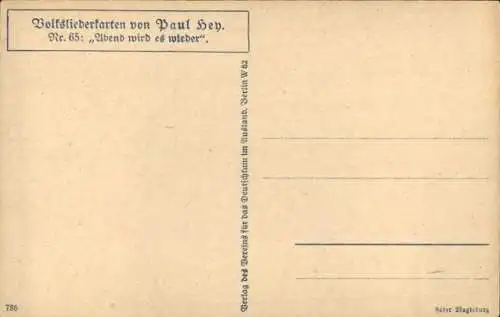 Lied Künstler Ak Hey, Paul, Volksliederkarten Nr 65, Abend wird es wieder, Reh