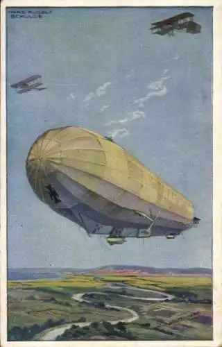 Künstler Ak Schulze, Hans Rudolf, Zeppelin Luftschiff Hansa im Kampf mit feindl. Fliegern, I WK