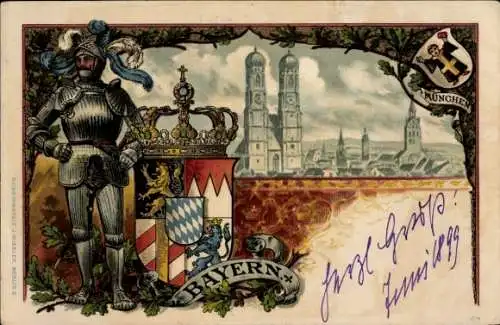 Wappen Litho München Bayern, Frauenkirche, Ritter