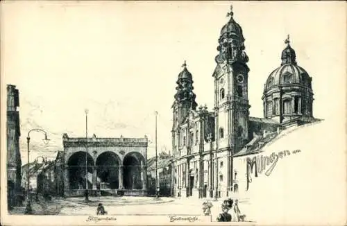 Litho München Bayern, Feldherrnhalle, Theatinerkirche