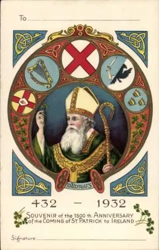 Präge Wappen Ak Irland, St. Patrick, 1500-Jahrfeier der Ankunft in Irland, 432-1932