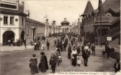 Ak Lyon Rhône, Kolonialausstellung 1914, Avenue des Nations und ausländische Pavillons