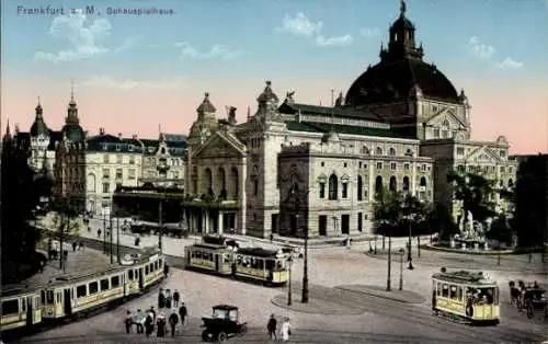 Ak Frankfurt am Main, Schauspielhaus, Straßenbahnen