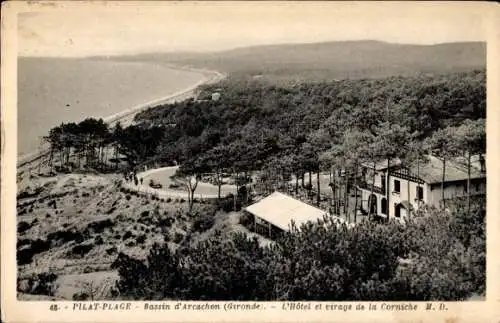 Ak Pilat Plage Bassin de Arcachon Gironde, Hotel und Corniche-Kurve