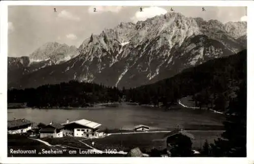 Ak Mittenwald in Oberbayern, Panorama, Restaurant Seeheim am Laufersee, Wörner, Viererspitze