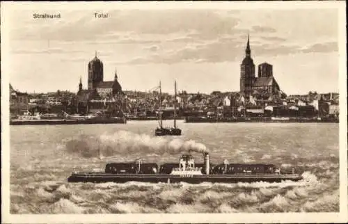 Ak Stralsund Mecklenburg Vorpommern, Blick auf den Hafen und die Stadt, Dampfer