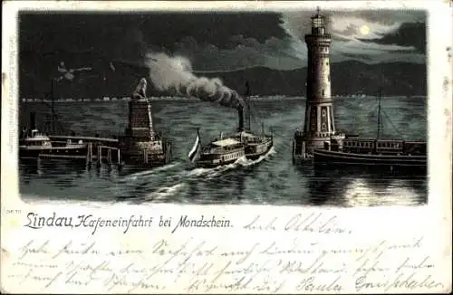 Ak Lindau am Bodensee Schwaben, Hafeneinfahrt bei Mondschein, Leuchtturm, Dampfer