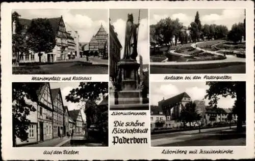 Ak Paderborn in Westfalen, Marienplatz, Rathaus, Anlagen bei den Paderquellen, Liboriusbrunnen