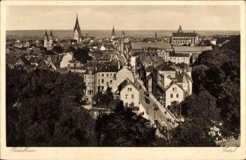 Ak Paderborn in Westfalen,Totalansicht der Stadt, Kirchturm, Straßenbahn