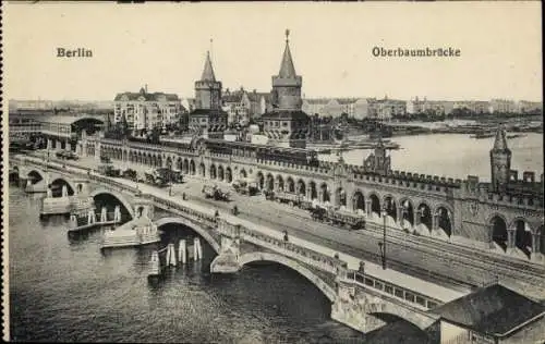 Ak Berlin Friedrichshain, Oberbaumbrücke, Türme, Verkehr