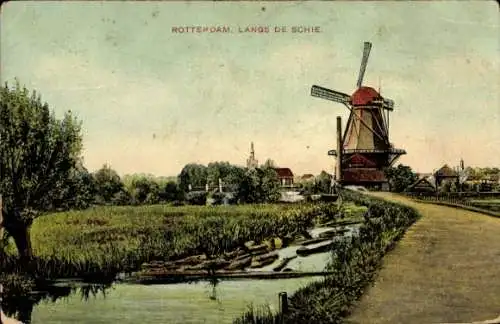 Ak Rotterdam Südholland Niederlande, Langs de Schie, Windmühle