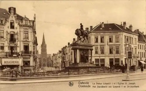 Ak Oostende Ostende Westflandern, La Statue Léopold I, Kirche