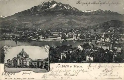 Ak Luzern Stadt Schweiz, Panorama vom Ort mit Pilatus, Bahnhof