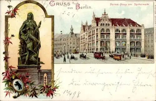 Litho Berlin Mitte, Hansa Haus am Spittelmarkt, Pferdestraßenbahn, Denkmal