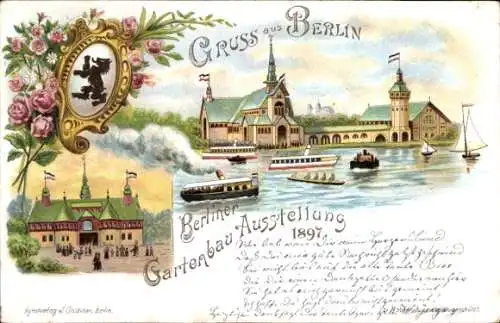 Litho Berlin, Wappen, Gartenbauausstellung 1897, Schiffe, Flussufer