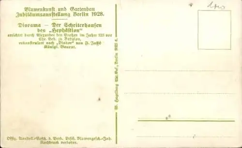 Ak Berlin, Blumenkunst und Gartenbau Ausstellung 1928, Diorama, Scheiterhaufen