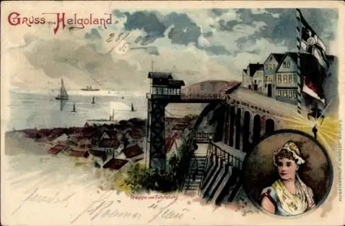 Mondschein Litho Helgoland, Treppe und Fahrstuhl zum Oberland, Frau in Tracht