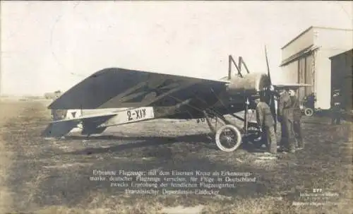 Ak Eroberter französischer Eindecker, Militärflugzeug, Kriegsbeute, I. WK