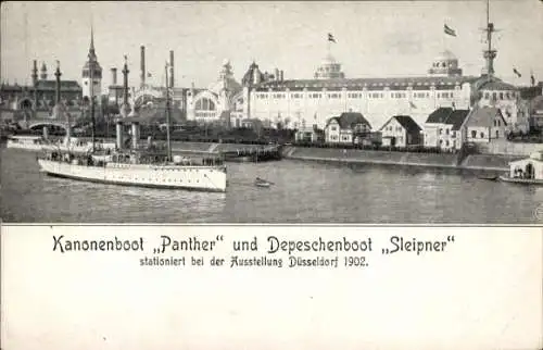 Ak Düsseldorf, Ausstellung 1902, Kaiserliche Marine, Kanonenboot Panther, Depeschenboot Sleipner