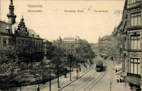 Ak Chemnitz in Sachsen, Beckerplatz, Dresdner Bank, Poststraße, Straßenbahn