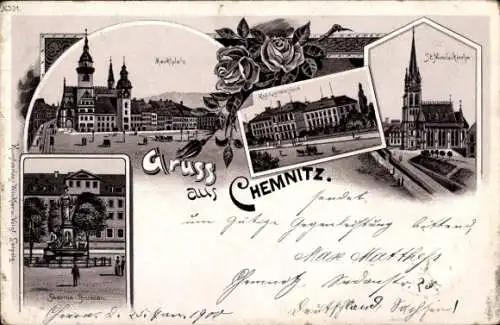 Litho Chemnitz Sachsen, Marktplatz, Nikolaikirche, Gymnasium, Brunnen