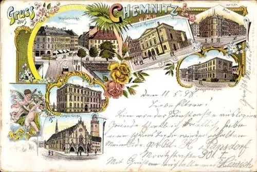 Litho Chemnitz in Sachsen, Theater, Realgymnasium, Jakobikirche, Nicolaibrücke