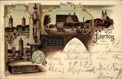 Litho Jüterbog in Brandenburg, Stadttürme, Zinnauer Tor, Tenzelkasten, Rathaus, Nicolaiturm