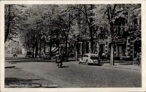 Ak Werder an der Havel, Unter den Linden, Geschäfte, Motorrad, Auto