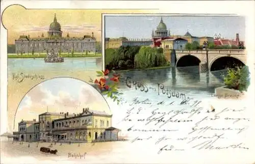 Litho Potsdam in Brandenburg, Königliches Stadtschloss, Lange Brücke, Bahnhof