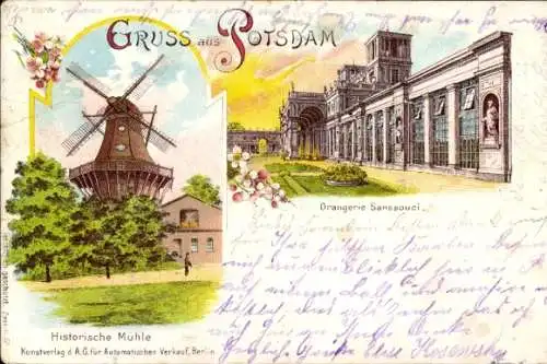 Litho Potsdam in Brandenburg, Historische Windmühle, Orangerie Sanssouci