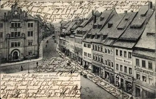 Ak Mittweida in Sachsen, Markt mit Rathaus und Rochlitzer Straße, Geschäft Hermann Werner