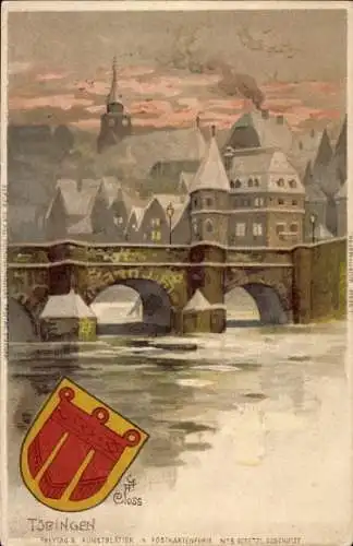 Wappen Künstler Litho Closs, C. F., Tübingen am Neckar, Brücke, Winteransicht