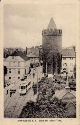 Ak Brandenburg an der Havel, Steintor-Turm, Straßenbahn