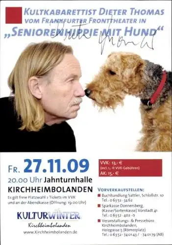 Ak Kabarettist Dieter Thomas, Portrait mit Hund, Autogramm