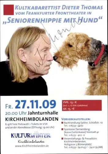 Ak Kabarettist Dieter Thomas, Portrait mit Hund, Autogramm