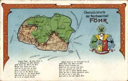 Wappen Landkarten Ak Insel Föhr in Nordfriesland, Totalansicht